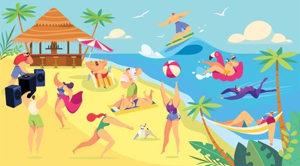 Summer vacation beach activities, cartoon characters people vector illustration