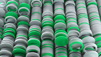3d render, abstract geometric background, colorful constructor, cylinders pattern structure, isometric wallpaper, white and green colors.