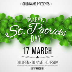 Poster for Saint Patrick's day party. Green clovers on white background. Festive lettering. Invitation to the club. Vector illustration