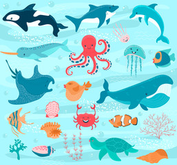 Underwater world cartoon, ocean animals, vector illustration