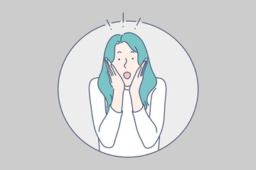 Surprised girl concept. Shocked, amazed, astonished young woman with blue hair, putting hands on her cheeks and opened mouth, face expression, emotions, wondering. Simple flat vector
