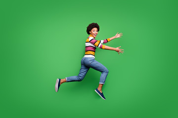 Full size profile side photo of funky crazy afro american girl jump run speedy want hug embrace her...