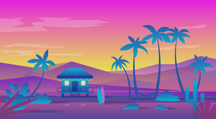 Sunset on the beach. Summer landscape illustration with palms. Flat design. Vector banners set with summer resort