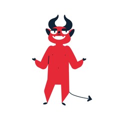 Gladness sly cartoon red devil smiling vector flat illustration. Happy little frauded demon isolated on white background. Smiling dangerous monster with horn having positive emotion