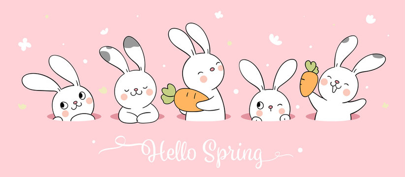Draw white bunny on pink pastel for spring season.