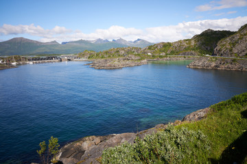 Fototapeta na wymiar Beautiful fjord view at the famous tourist attraction Hamn Village, Senja island, Troms county - Norway