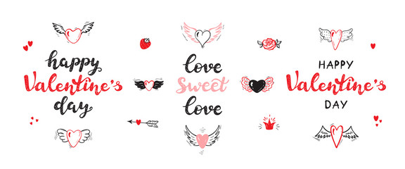 Happy Valentine's day. Love sweet love. Vector Set of Calligraphy lettering and Love Symbols for Valentine greeting cards. Hearts with Wings, Strawberry, Cupid's Arrows, Princess crown, rose flower