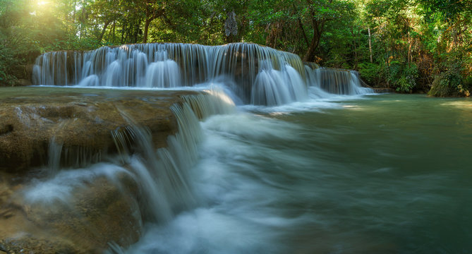 Panoramic beautiful deep forest waterfall in Thailand