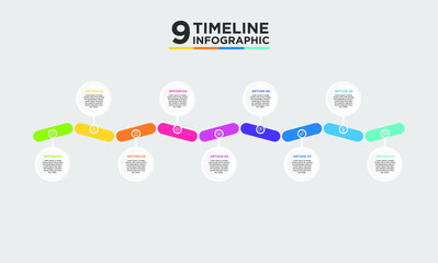 9 step timeline infographic element. Business concept with nine options and number, steps or processes. data visualization. Vector illustration.
