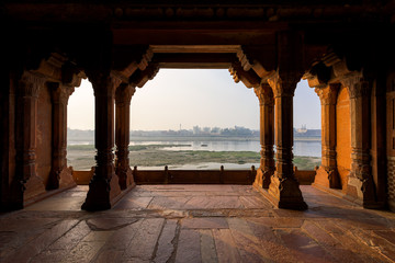 Beautiful Yamuna river view from Tomb of Etmaduddaula in the city of Agra in the Indian state of Uttar Pradesh.