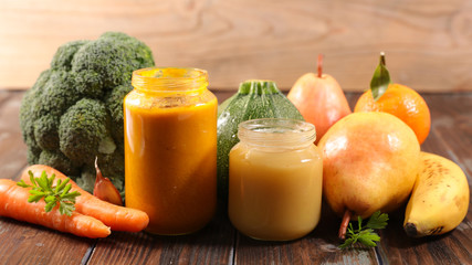 baby food, puree- mashed vegetable in pot