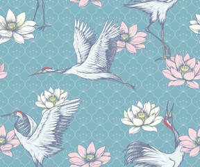 seamless pattern with japanese cranes and lotuses