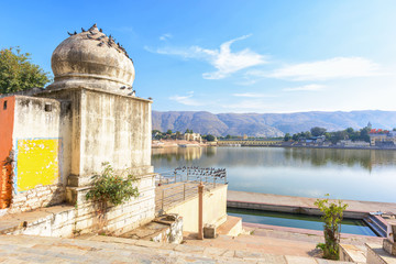 Beautiful view of Pushkar lake in the Ajmer district in the Indian state of Rajasthan.