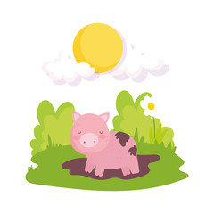 pig in the mud flowers grass sun farm animal cartoon