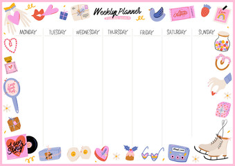 Collection of weekly or daily planner, note paper, to do list, stickers templates decorated by cute love illustrations and inspirational quote. School scheduler and organizer. Flat vector