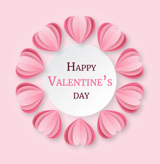 Background with pink hearts arranged in a circle. Place for text. Paper cut design for invitation, advertising. Decoration for Valentine's Day, wedding.