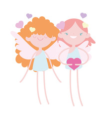 happy valentines day, cute cupids with hearts feeling romantic cartoon