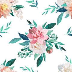 Blush and Mint floral seamless pattern on white background. Hand drawn painting decoration for wedding invitation, birthday, business, anniversary, party invitation, holidays.
