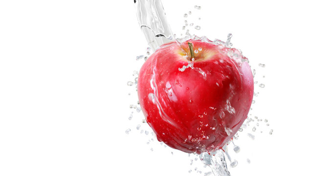 Apples in splash of water isolated on white background