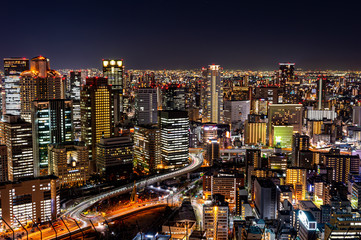 Fototapeta na wymiar 大阪梅田の夜景、高層ビルのライトアップ