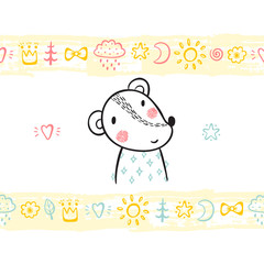 T-shirt print design for kids with hand drawn doodle cute baby Mouse and paint brush strokes seamless horizontal borders with toys. Baby shower card. Cartoon Animal vector illustration