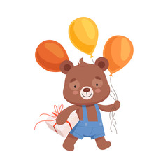 Smiling Bear Character in Playsuit Carrying Bunch of Balloons and Gift Box to Birthday Party Vector Illustration