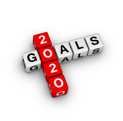 2020 Year Goals Sign. 3D cubes crossword puzzle on white background.