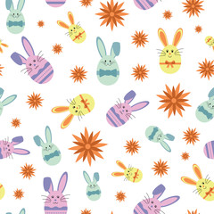 Obraz premium Vector cute egg bunnies with sunflower seamless