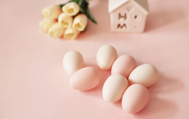 Pink easter eggs with flowers. Background with easter eggs. Easter Greeting Card Template. Happy easter concept.