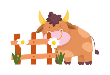 bull fence flowers plants farm animal cartoon