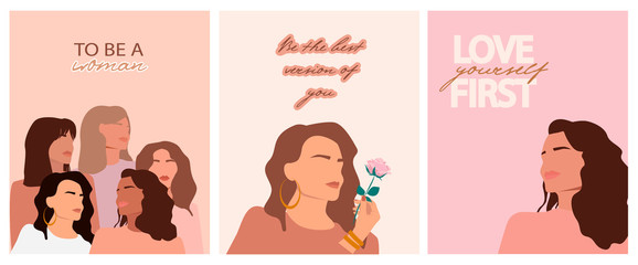 Set of Illustrations of abstract beautiful women portrait with different skin colors. Poster for International Women's day, Girl power concept, Struggle for equality, freedom, independence.