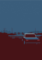 Night background with car vector, flat illustration