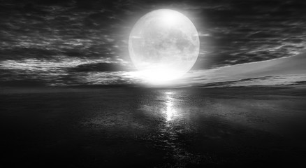 Futuristic night landscape with abstract landscape and island, moonlight, shine. Dark natural scene with reflection of light in the water, neon blue light. Dark neon background. 