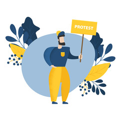 Flat design. Man holding protest sign illustration