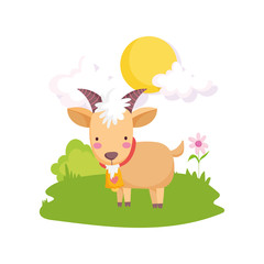 goat with bell flower grass sun farm animal cartoon