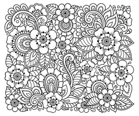 Outline square floral pattern in mehndi style for coloring book page. Antistress for adults and children. Doodle ornament in black and white. Hand draw vector illustration.