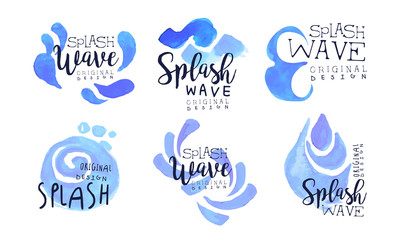 Splash Wave Original Design Labels Collection, Watercolor Badges with Blue Water Drops Vector Illustration