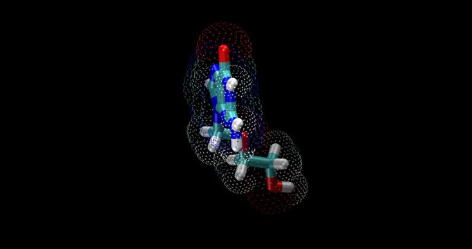 Acyclovir / Acycloguanosine, herpes antiviral drug, viral DNA polymerase inhibitor, 3d molecule spinning on Y axis