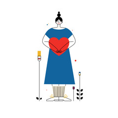 Woman holds a heart. Concept of Valentine's day. Vector illustration in flat line style. - 317213200