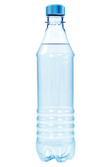 Closed blue plastic bottle of drinking water on white background. New plastic bottle with closed lid, filled with water, on isolated background. Closed PVH container with transparent liquid