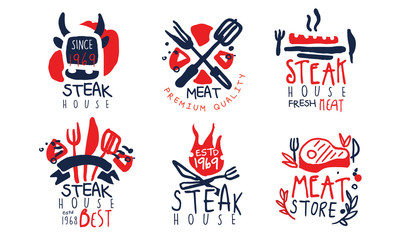 Fototapeta na wymiar Steak House Labels Collection, Fresh Meat Premium Quality Retro Hand Drawn Badges Vector Illustration