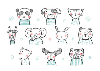 Cute Scandinavian Style Animal Faces Set. Hand drawn Doodle Cartoon Animals. Vector illustration