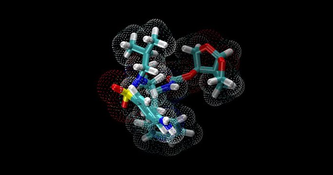 Darunavir, HIV/AIDS drug / HIV protease inhibitor, 3d molecule spinning on Y axis