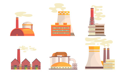 Modern Power Plants Collection, Hydrothermal, Refinery, Gas Power Station Industrial Factory Buildings Vector Illustration