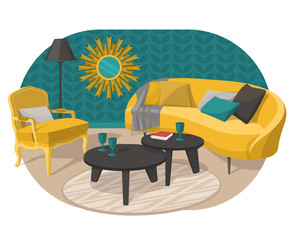 Scandinavian style interior vector fragment. Sofa with a plaid and pillows. Armchair, floor lamp and coffee table with glass glasses in Art Nouveau style. On the wall is a mirror in style of art deco.
