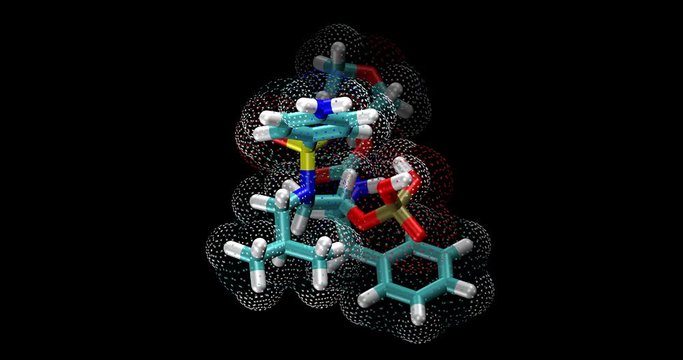 Fosamprenavir, anti-HIV protease inhibitor, 3D molecule spinning on Y axis