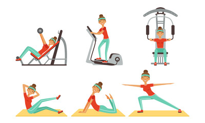 Fototapeta na wymiar Cheerful Young Woman Doing Different Sport Exercises in Gym Set, Sportive Girl Character Working Out in Ftness Club Vector Illustration