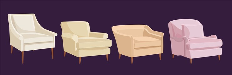 Scandinavian style set vector elements. Different types of pastel color armchairs for the living room in modern style. Flat illustration.