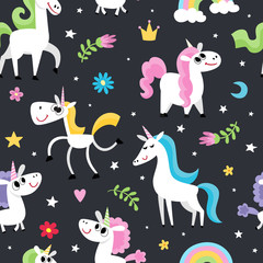 Cute magic pattern with unicorn character isolated on black