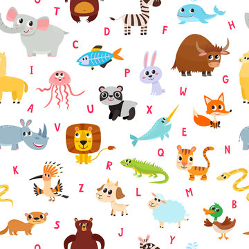 Cute cartoon animals alphabet pattern isolated on white.